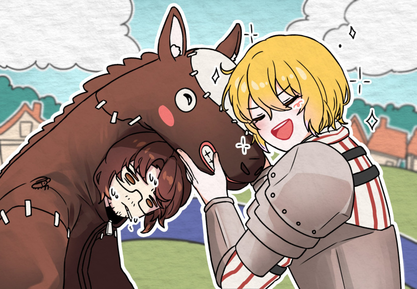1boy, 1girl, animal_costume, armor, blonde_hair, blush_stickers, brown_eyes, brown_hair
