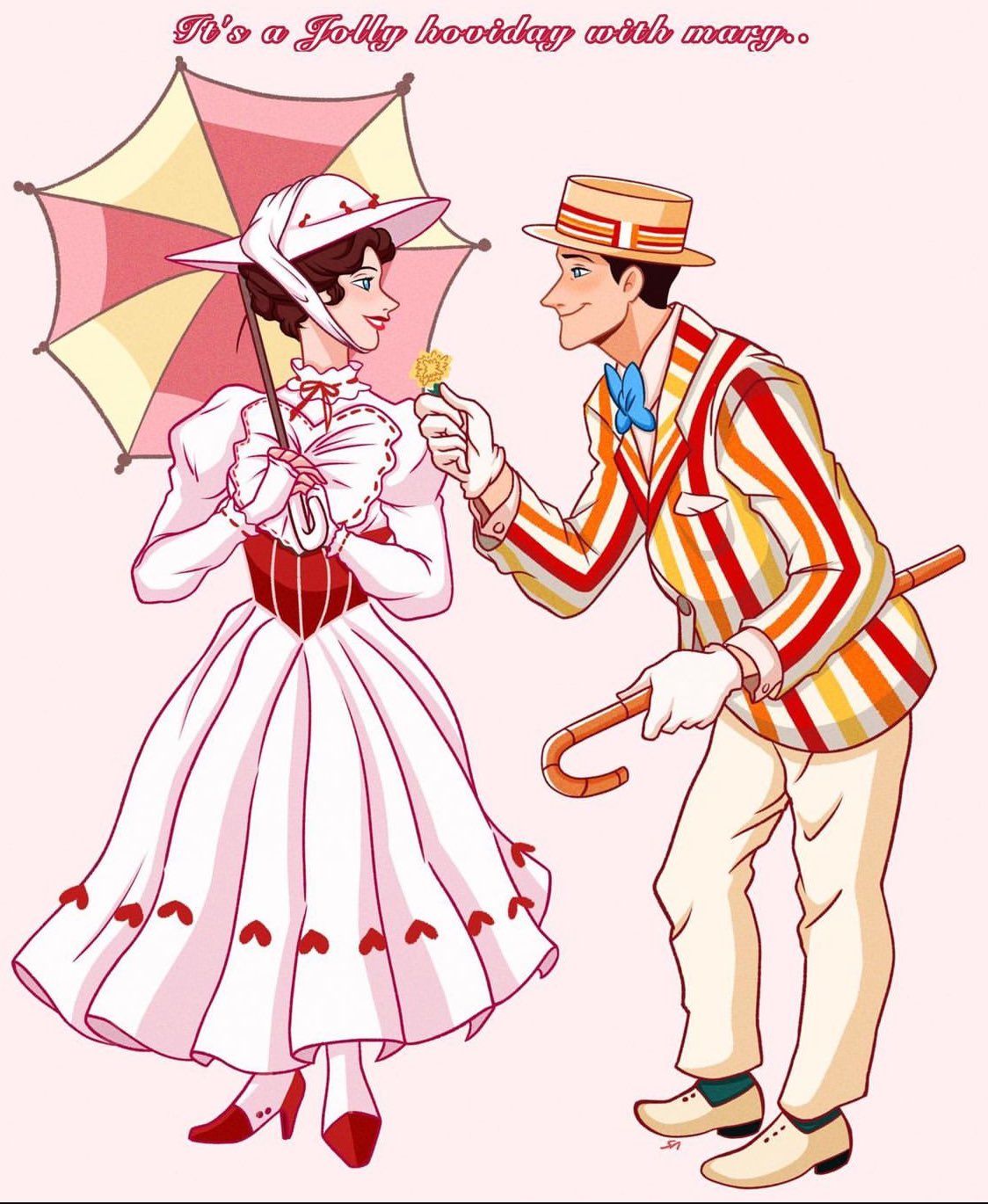 1boy, 1girl, bert_(mary_poppins), blue_bow, blue_bowtie, bow, bowtie, brown_hair, cane, commentary_request, dress, eye_contact, fingerless_gloves, flower, gloves, hair_bun, hat, high_heels, highres, holding, holding_cane, holding_flower, holding_umbrella, jacket, long_sleeves, looking_at_another, mary_poppins, mary_poppins_(character), pants, profile, red_lips, samumudisneyart, short_hair, simple_background, smile, striped_clothes, striped_jacket, umbrella, vertical-striped_clothes, vertical-striped_jacket, white_dress, white_gloves, white_pants