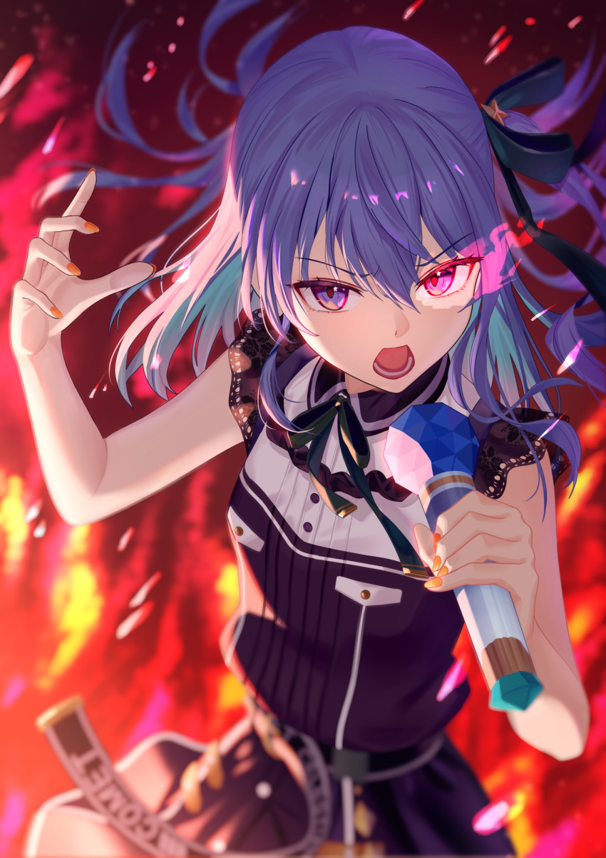 1girl, blue_eyes, blue_hair, boku_no_edamame, dress, fire, flaming_eye, highres