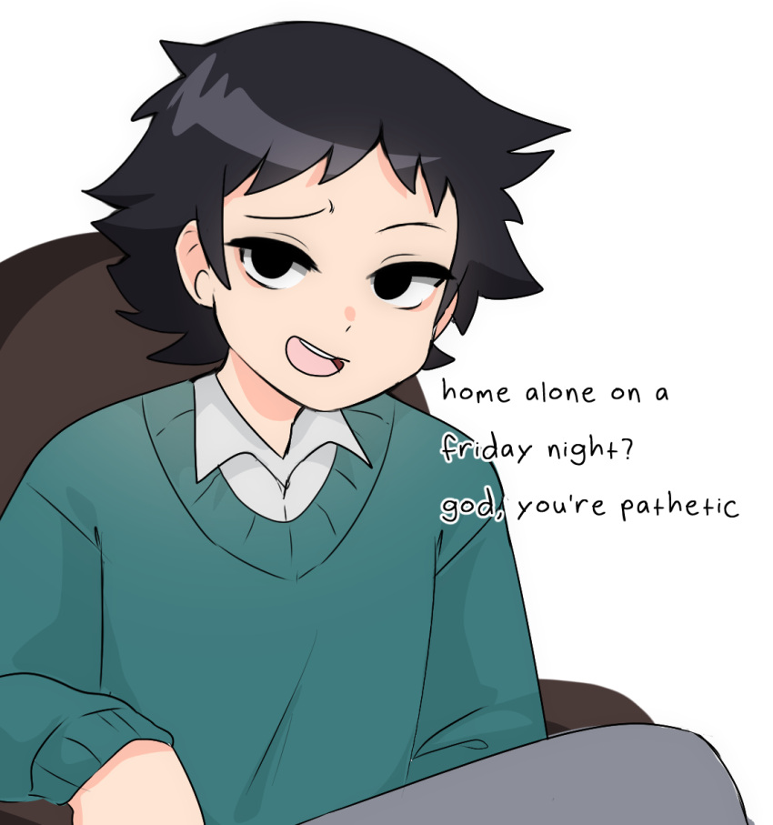 1boy, alone_on_a_friday_night?_(meme), black_eyes, black_hair, blue_sweater, chair, collared_shirt, commentary