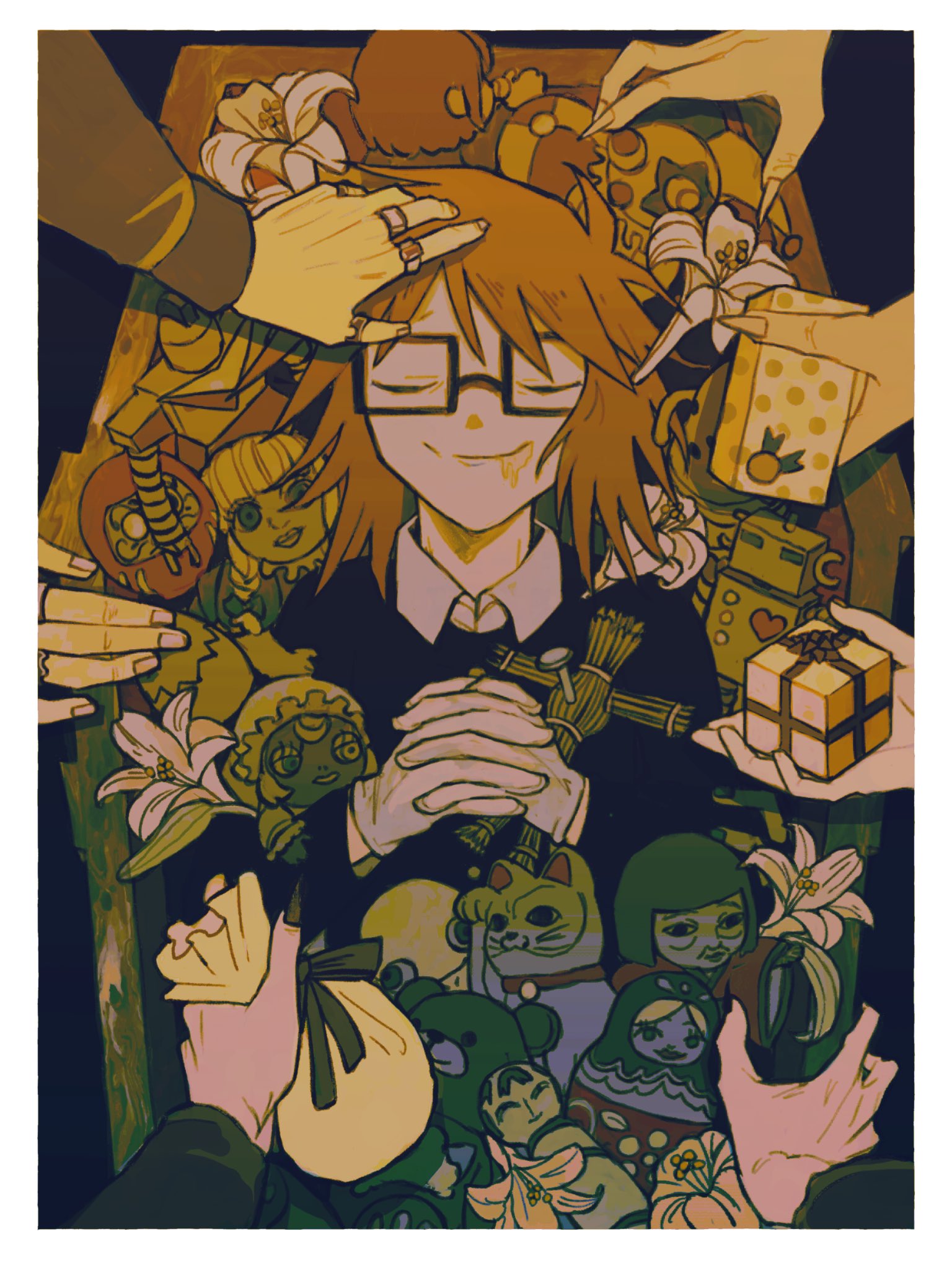 1boy, black-framed_eyewear, brown_hair, casket, character_request, closed_eyes, closed_mouth, disembodied_hand