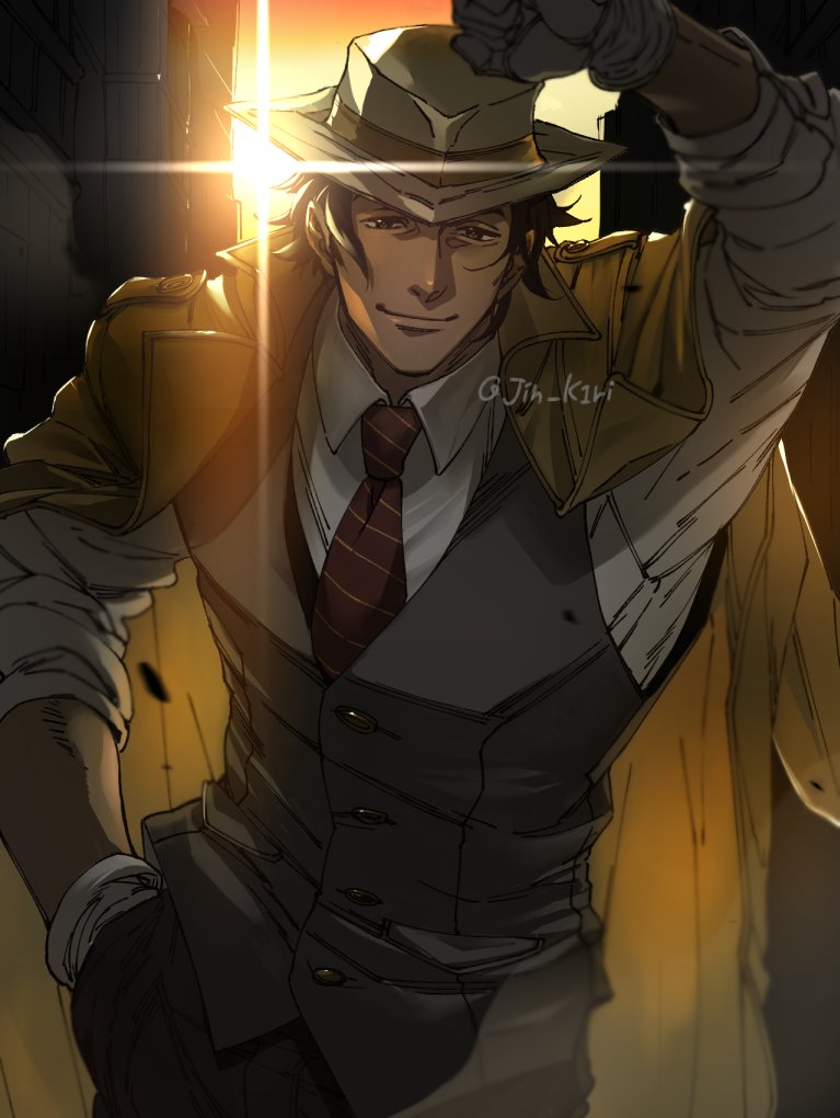 1boy, coat, cowboy_shot, dark-skinned_male, dark_skin, gloves, hand_in_pocket, jin_k1ri