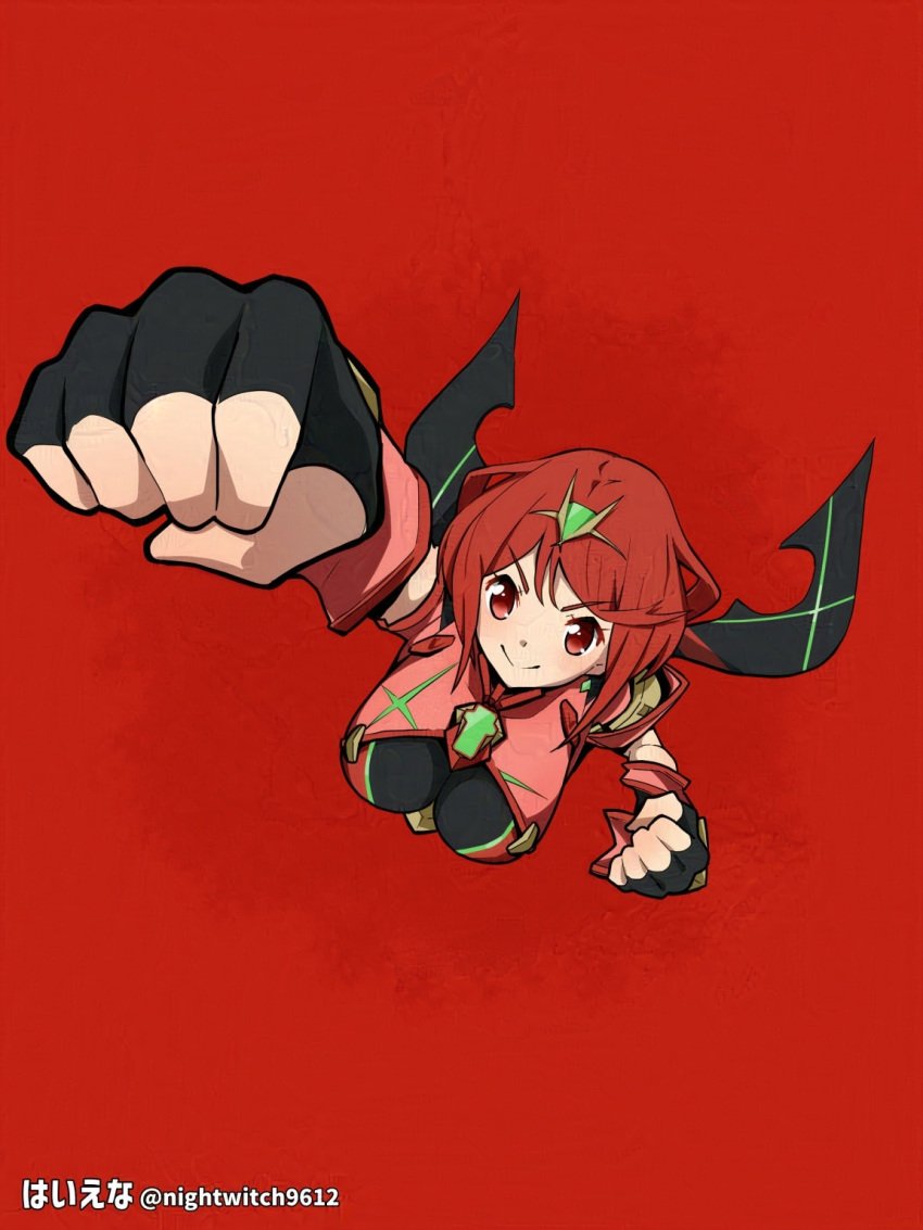 1girl, adversarial_noise, breasts, chest_jewel, clenched_hands, commentary, core_crystal_(xenoblade), earrings