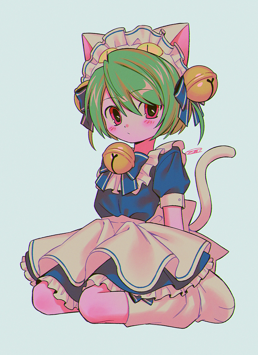 1girl, :/, absurdres, animal_ears, animal_hat, apron, back_bow, bell, blue_background, blue_bow, blue_bowtie, blush, bow, bowtie, broccodess, cat_ears, cat_hat, cat_tail, chromatic_aberration, closed_mouth, dejiko, di_gi_charat, full_body, green_hair, hair_bell, hair_bow, hair_ornament, hat, highres, jingle_bell, maid, maid_apron, maid_headdress, menma_(enaic31), neck_bell, official_alternate_eye_color, official_alternate_hairstyle, paw_shoes, puffy_short_sleeves, puffy_sleeves, red_eyes, reiwa_no_di_gi_charat, seiza, short_hair, short_sleeves, signature, simple_background, sitting, solo, swept_bangs, tail, two_side_up, white_apron, white_bow, white_footwear, white_hat, white_tail