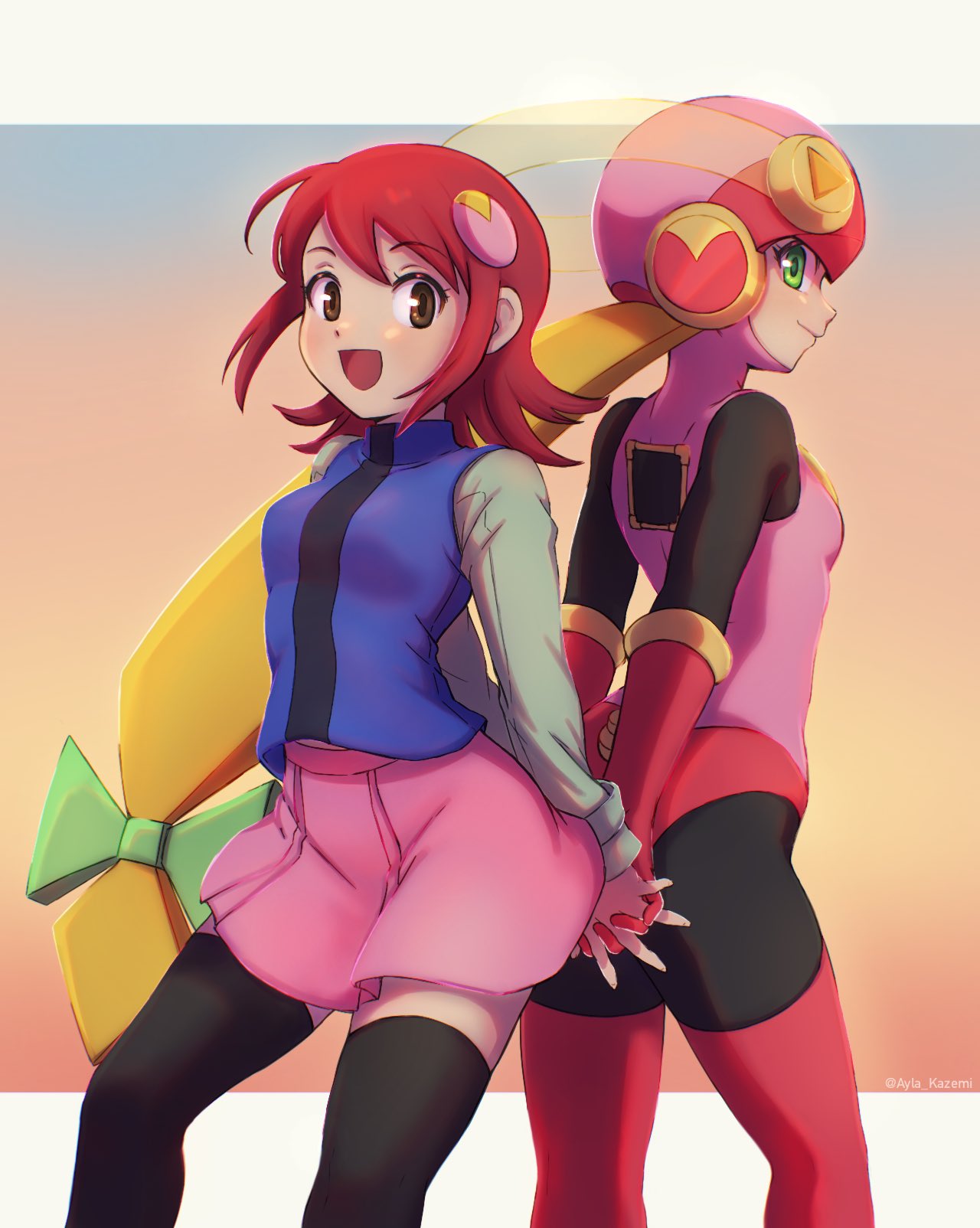 2girls, aqua_shirt, ayla_kazemi, back-to-back, black_bodysuit, black_thighhighs, blonde_hair, blue_vest