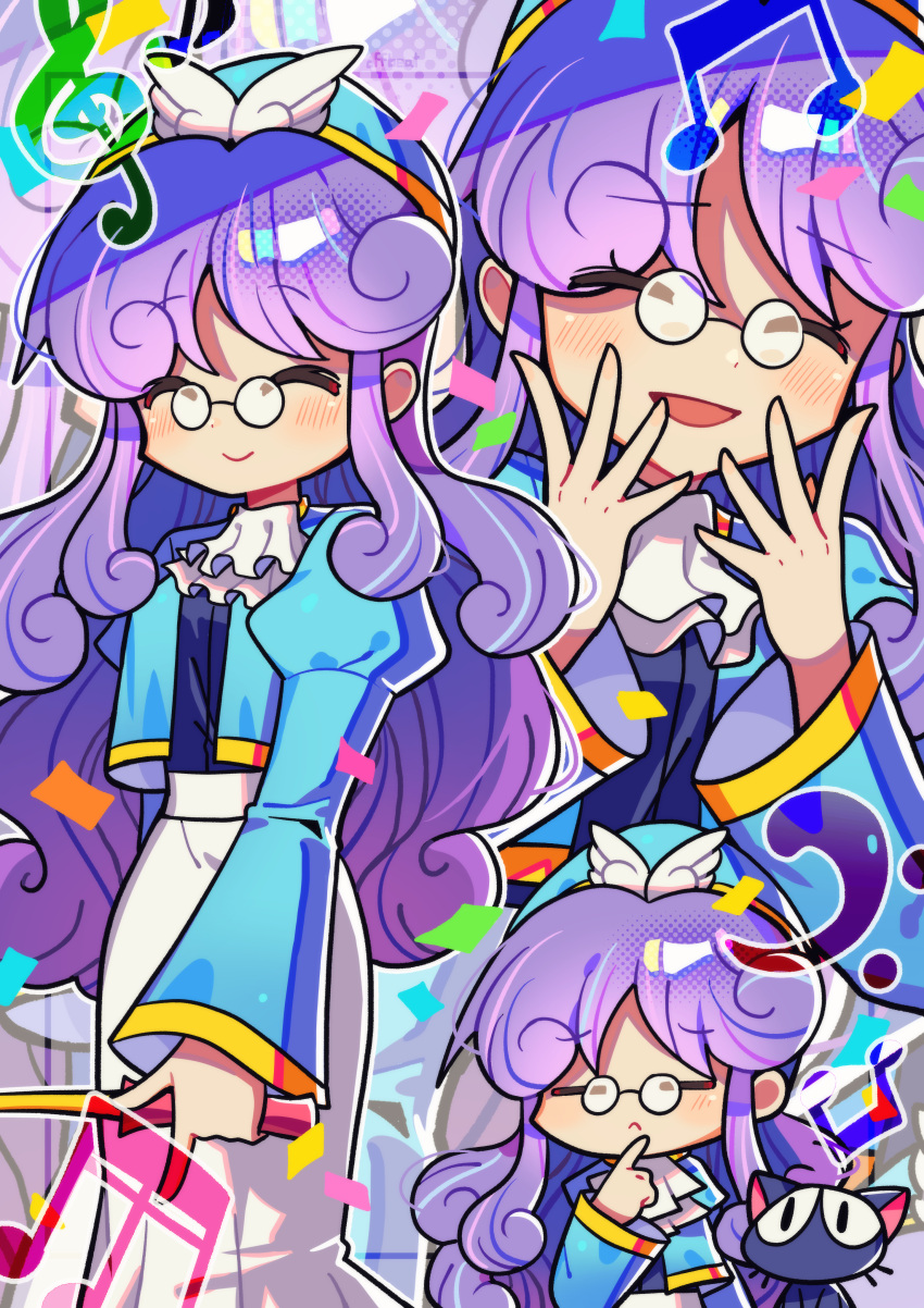1girl, absurdres, accord_sensei, bass_clef, beamed_eighth_notes, black-framed_eyewear, blue_hat, blue_jacket