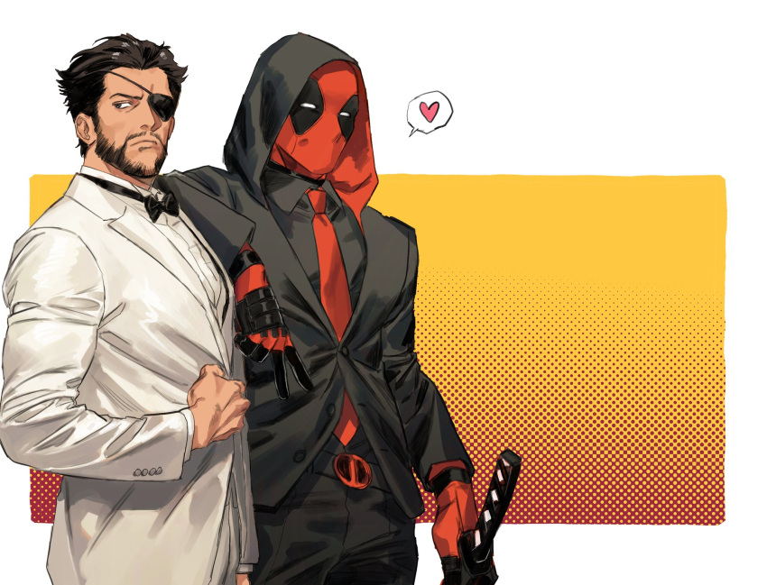 2boys, beard, belt, black_pants, bow, bowtie, brown_hair, buttons