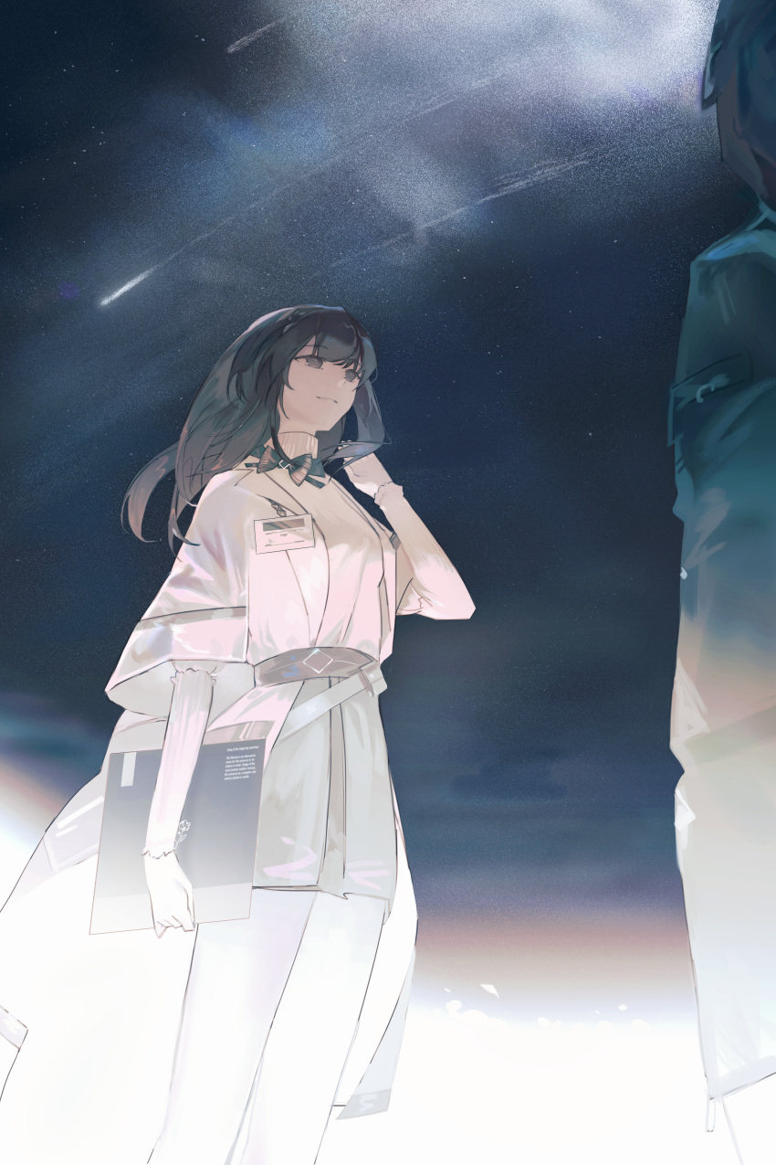 1girl, 1other, absurdres, adjusting_hair, ambiguous_gender, arknights, black_hair, black_jacket