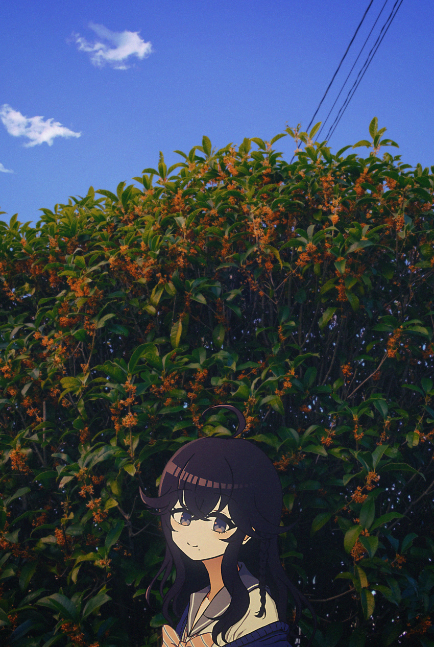 1girl, ahoge, black_hair, blue_eyes, blue_jacket, blue_sky, bow, bowtie