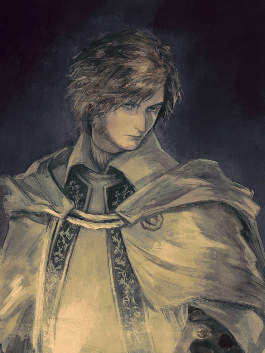 1boy, alfred_(bloodborne), black_background, blonde_hair, bloodborne, cape, closed_mouth, collared_shirt