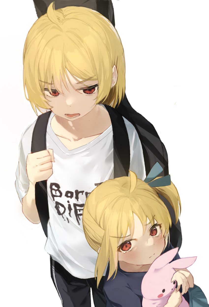 2girls, age_difference, aged_down, ahoge, annoyed, black_pants, blonde_hair, blush