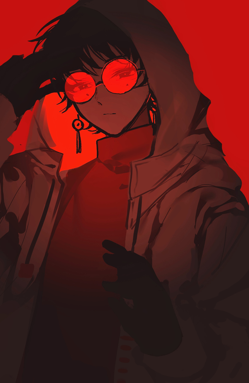 1boy, :/, absurdres, anqc137, black_eyes, black_gloves, black_hair, bright_pupils, chinese_commentary, closed_mouth, commentary_request, earrings, gloves, grey_jacket, highres, hood, hood_up, hooded_jacket, jacket, jewelry, li_yuting_(male), long_sleeves, male_focus, mole, mole_under_each_eye, mole_under_eye, multiple_moles, open_clothes, open_jacket, red-tinted_eyewear, red_background, red_pupils, red_sweater, red_theme, round_eyewear, solo, sweater, tinted_eyewear, touqi_guaitan, turtleneck, turtleneck_sweater, upper_body