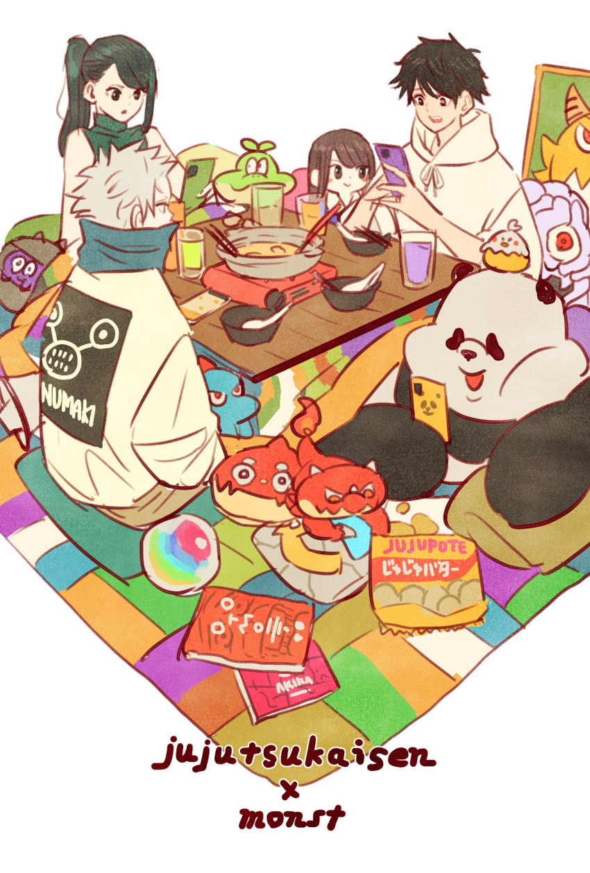 bag_of_chips, black_hair, blue_smydra, book, bowl, brown_hair, character_name, commentary_request, copyright_name, green_hair, green_smydra, haibara_yu, highres, holding, holding_phone, hood, hoodie, horns, monster_strike, oragon, panda_(jujutsu_kaisen), phone, ponytail, red_smydra, short_hair, simple_background, swept_bangs, takeuchi_ryousuke, white_background, white_hair, white_hoodie, zen'in_mai, zen'in_maki