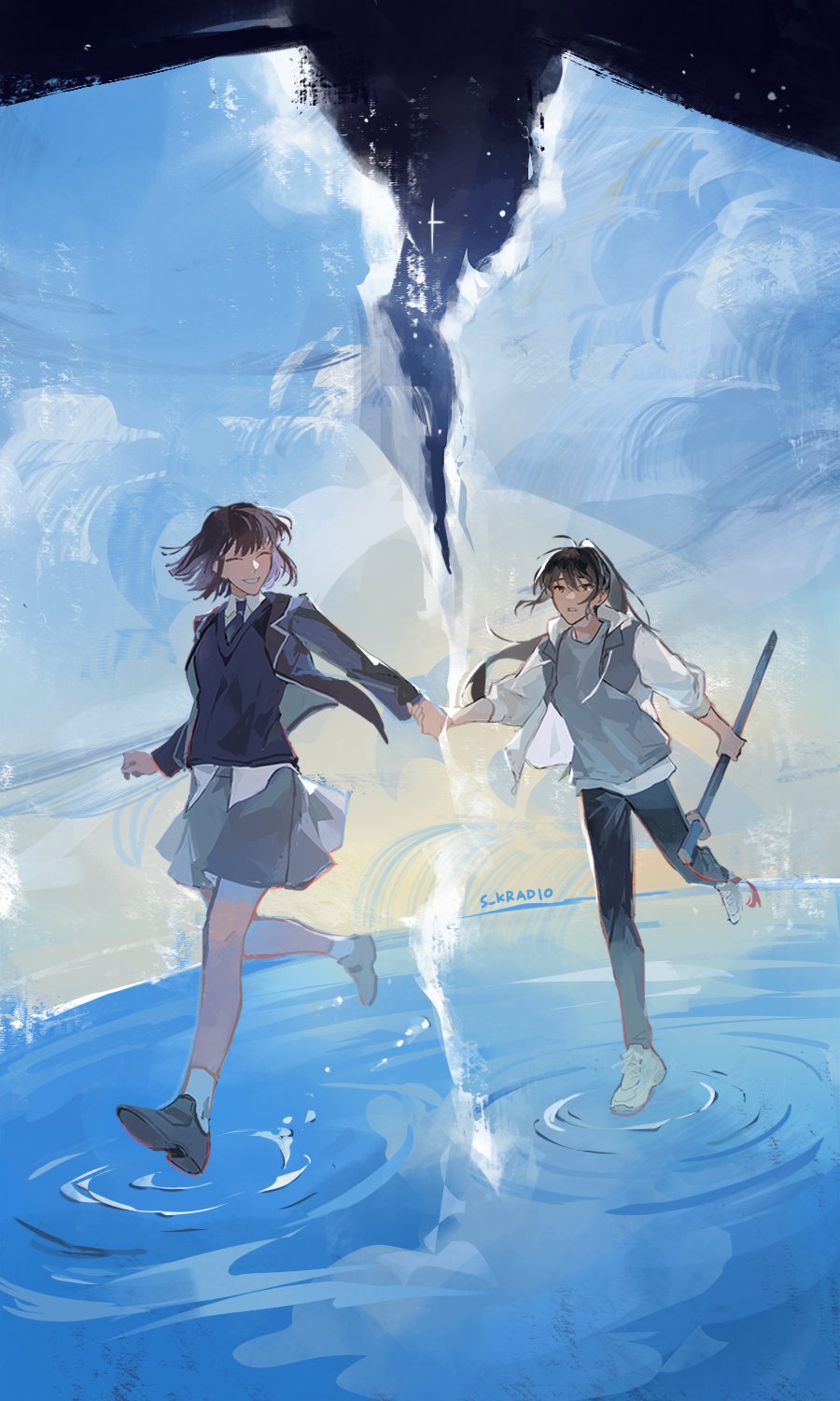 2girls, black_hair, black_pants, blue_jacket, blue_necktie, blue_sky, blue_sweater_vest, closed_eyes, commentary, english_commentary, grey_skirt, grey_vest, high_ponytail, highres, holding_hands, jacket, lee_jihye, long_hair, multiple_girls, na_bori, necktie, omniscient_reader's_viewpoint, pants, ponytail, ren_(s_kradio), running, school_uniform, short_hair, signature, skirt, sky, sleeves_rolled_up, smile, socks, sweater_vest, vest, water, white_footwear, white_jacket, white_socks