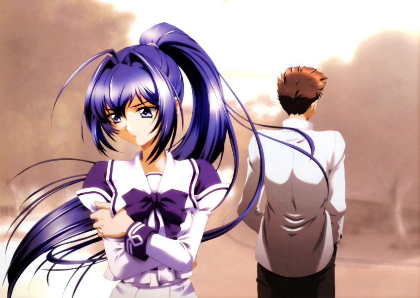 1boy, 1girl, absurdres, artist_request, black_pants, blouse, blue_bow, blue_eyes