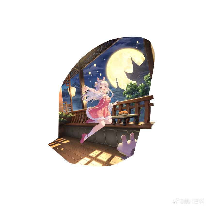 1girl, :d, absurdres, animal_ears, architecture, changchun_(warship_girls_r), chinese_clothes, dress, east_asian_architecture, food, full_moon, hair_ornament, hanfu, highres, jianr_baike, lantern, lattice, long_hair, looking_at_viewer, moon, mooncake, night, night_sky, official_alternate_costume, open_mouth, paper_lantern, pink_dress, pink_footwear, qixiong_ruqun, rabbit_ears, red_dress, red_eyes, ruqun, sky, sky_lantern, smile, socks, solo, warship_girls_r, white_hair, window
