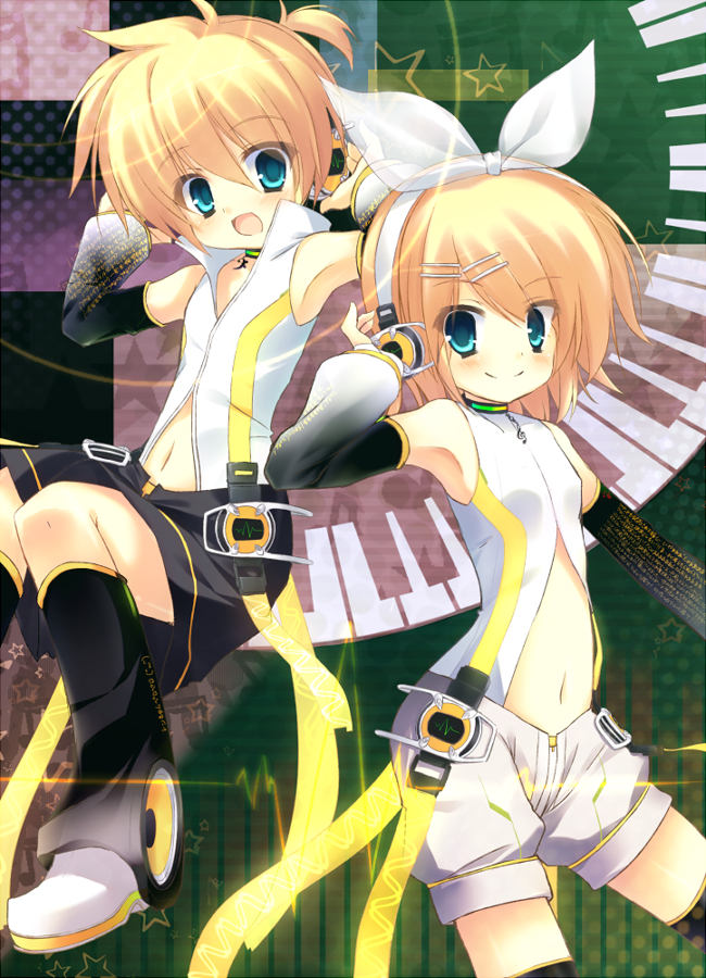 arm_warmers, bad_id, blonde_hair, brother_and_sister, center_opening, detached_sleeves, hair_ornament, hair_ribbon
