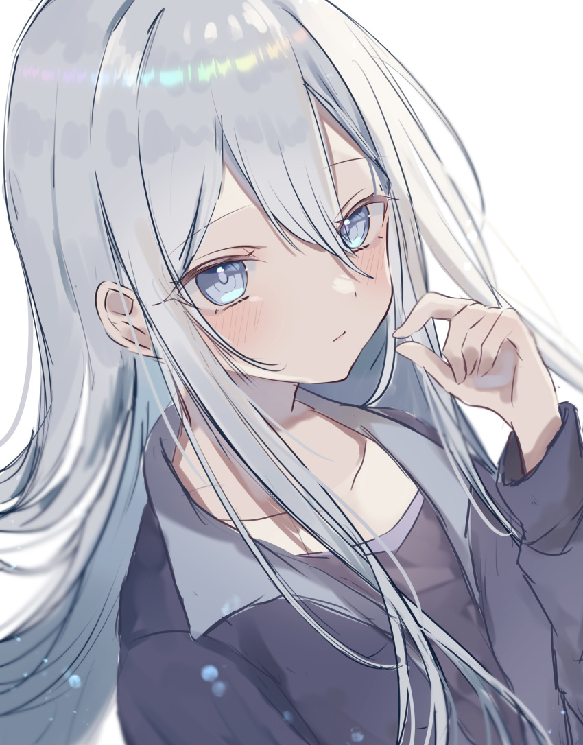 1girl, absurdres, black_shirt, blue_eyes, blush, closed_mouth, collarbone, commentary