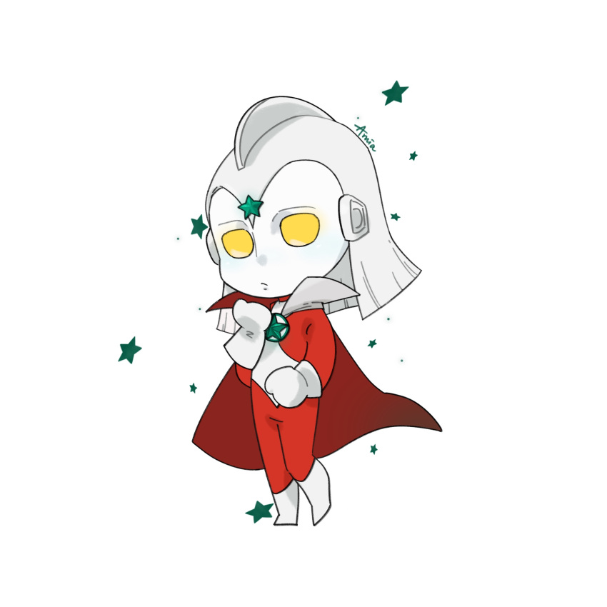 1girl, amia_(ultra_series), asarilce, cape, character_name, color_timer, commentary, english_commentary