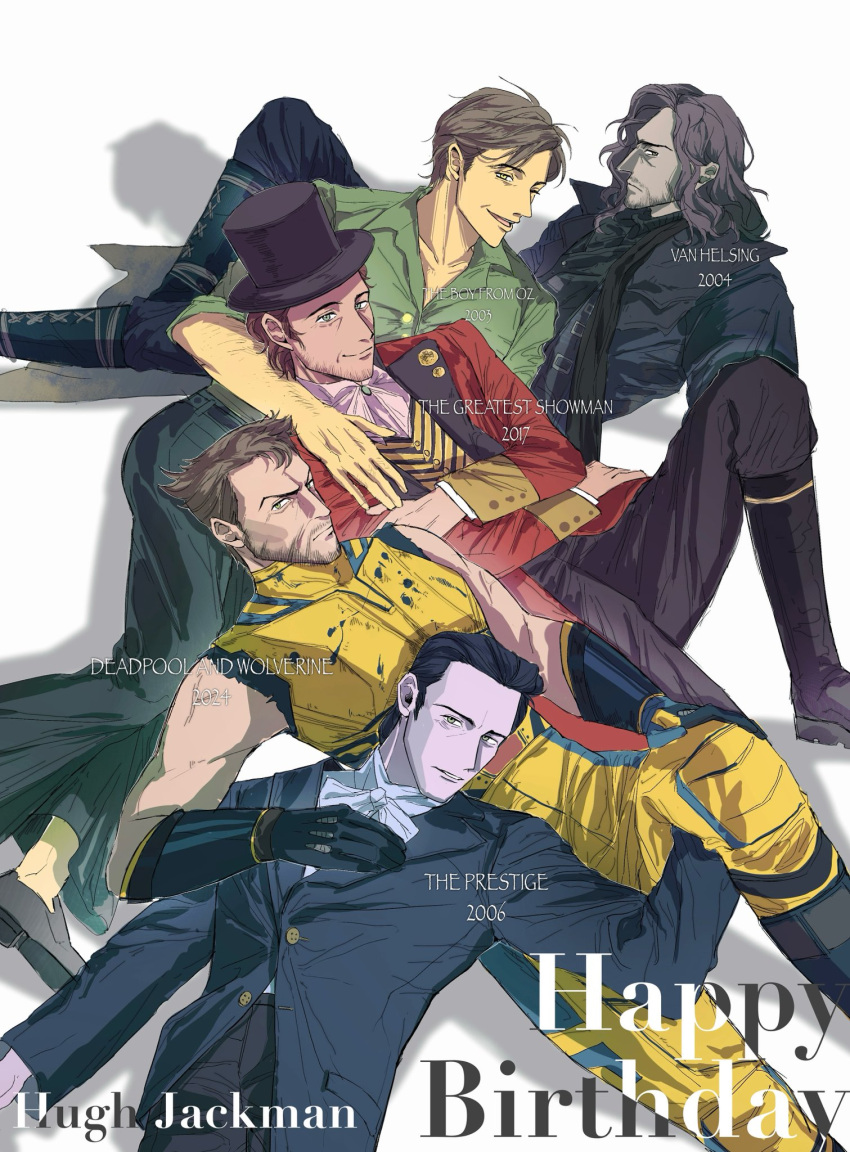 5boys, arm_hair, ascot, beard, bodysuit, brown_hair, closed_mouth, coat