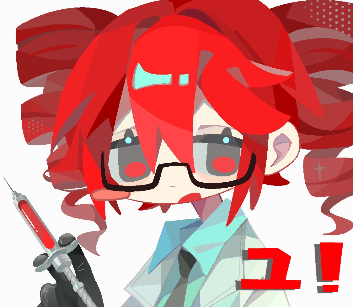 1girl, black-framed_eyewear, black_gloves, black_necktie, blush_stickers, double-parted_bangs, drill_hair, gloves, hair_between_eyes, holding, holding_syringe, igaku_(utau), kasane_teto, matoka_sama7, necktie, open_mouth, red_eyes, redhead, semi-rimless_eyewear, short_hair, single_blush_sticker, solo, syringe, twin_drills, under-rim_eyewear, upper_body, utau
