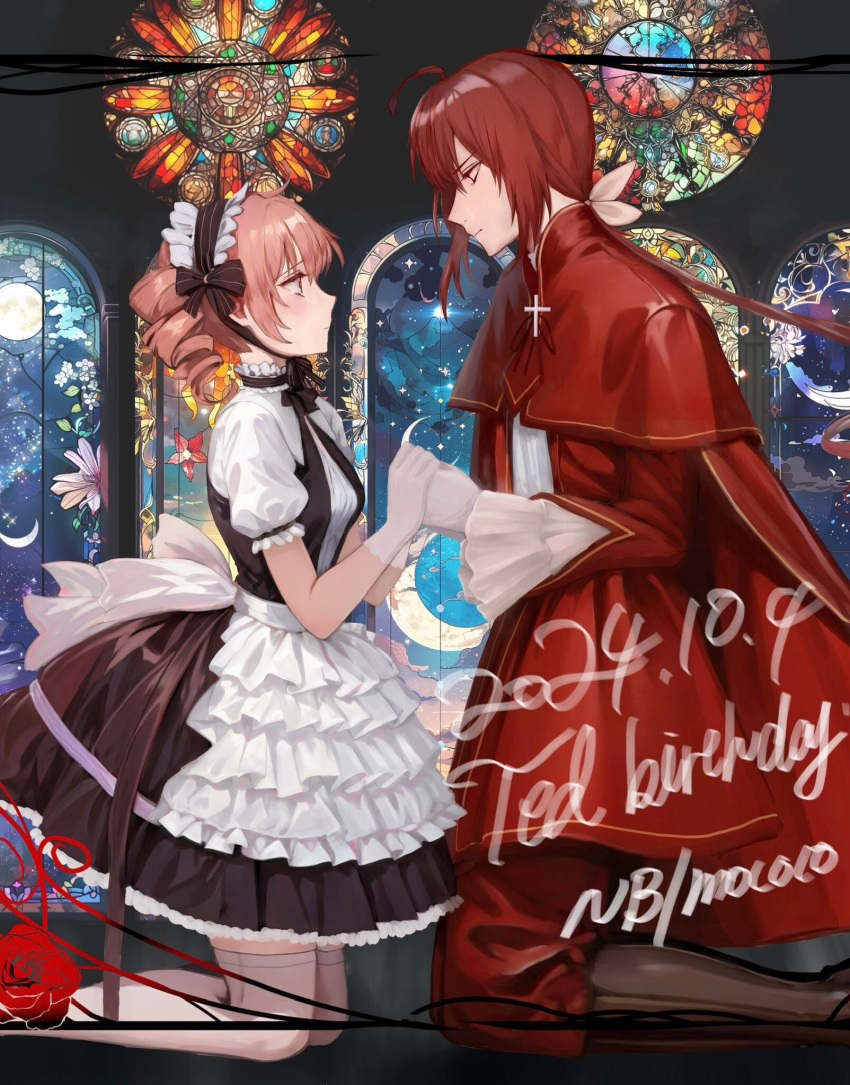 1boy, 1girl, ahoge, alternate_costume, apron, birthday, black_bow, black_dress