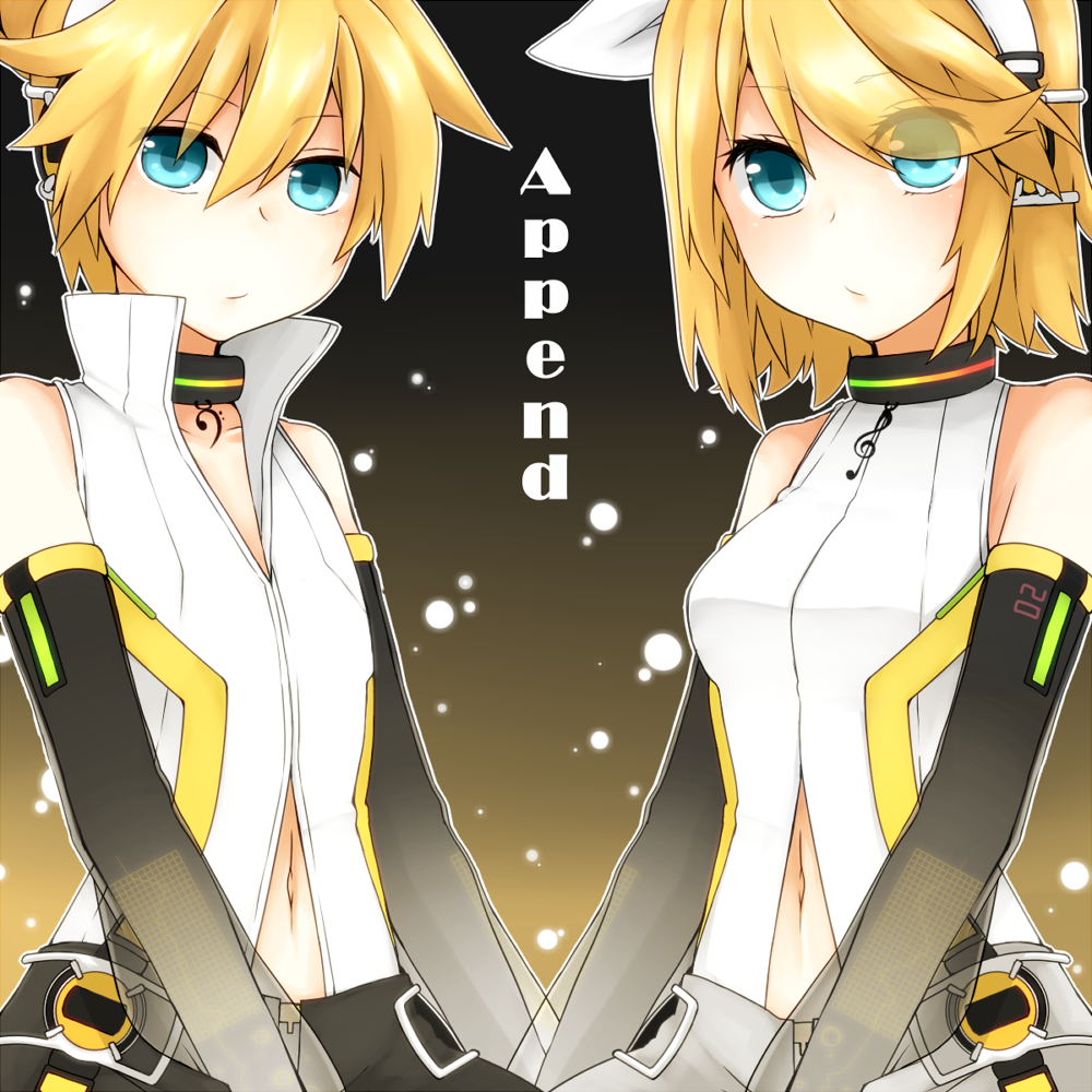 blonde_hair, brother_and_sister, cielo_oceano, detached_sleeves, hair_ornament, hair_ribbon, hairclip, headphones