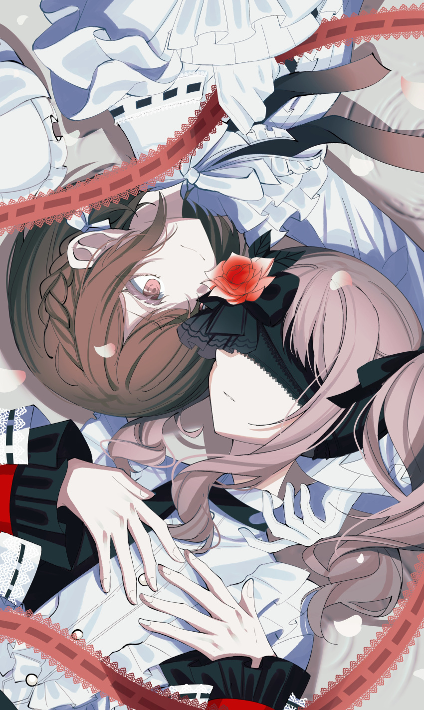 1girl, 1other, absurdres, akiyama_mizuki, black_blindfold, blindfold, braid, brown_eyes, brown_hair, closed_mouth, commentary, flower, gloves, highres, lace-trimmed_ribbon, lace_trim, long_hair, long_sleeves, lying, project_sekai, red_ribbon, ribbon, ritzchrono, rose, shinonome_ena, short_hair, side_ponytail, sidelocks, upper_body, white_gloves