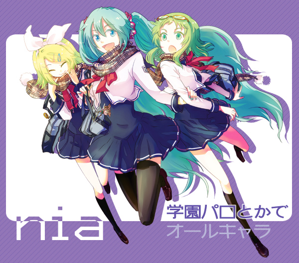 3girls, aqua_eyes, aqua_hair, bad_id, blonde_hair, glasses, green_eyes, green_hair