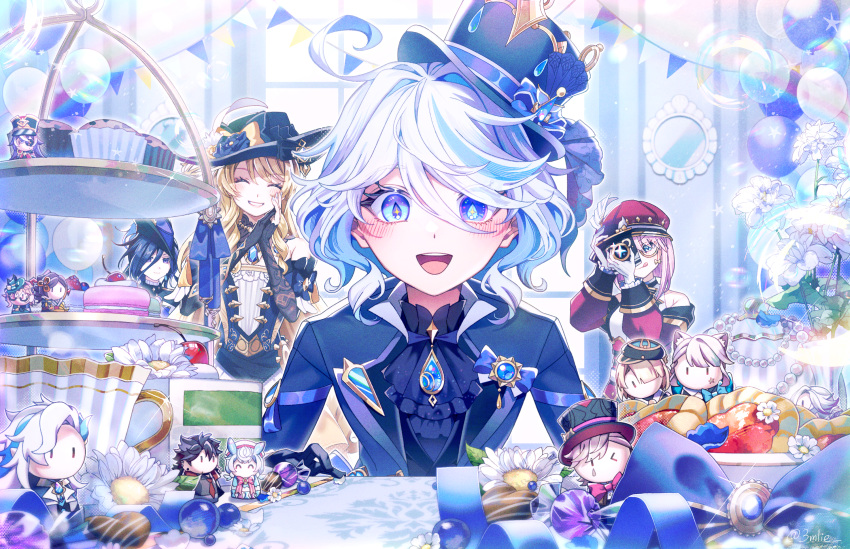 3mlie, 4boys, 6+girls, animal_ears, arlecchino_(genshin_impact), ascot, asymmetrical_bangs, asymmetrical_sidelocks