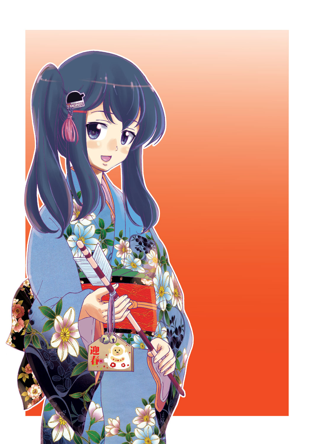 1girl, alternate_costume, alternate_hairstyle, arrow_(projectile), blue_eyes, blue_hair, blue_kimono, eclair_(girls_und_panzer)