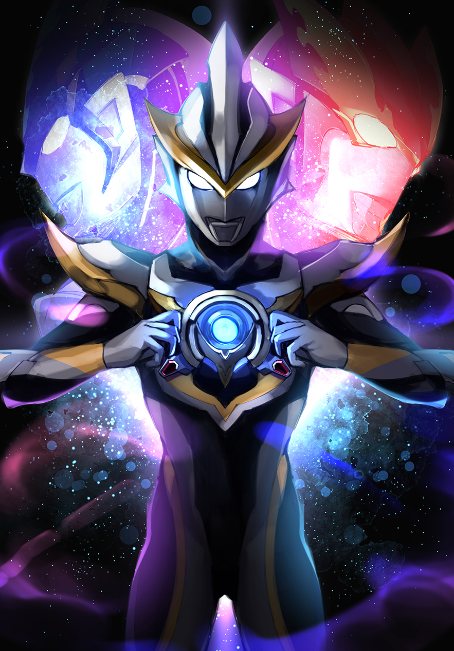 1boy, black_background, black_skin, color_timer, colored_skin, commentary_request, cowboy_shot, energy, glowing, glowing_chest, glowing_eyes, gold_skin, hands_on_own_chest, highres, light_particles, looking_at_viewer, male_focus, multicolored_skin, no_pupils, silver_skin, solo_focus, soupchan, tokusatsu, ultra_series, ultraman_blu, ultraman_r/b, ultraman_rosso, ultraman_ruebe, yellow_eyes