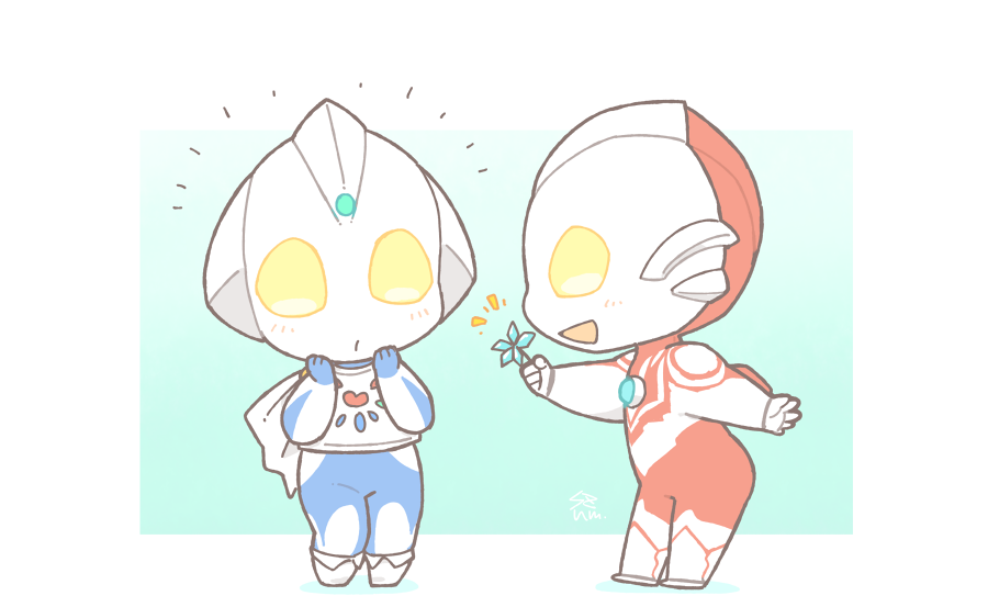 1boy, 1girl, :d, blue_skin, blush, chibi, cloak, color_timer, colored_skin, commentary_request, flower, forehead_jewel, full_body, green_background, hands_on_own_face, holding, holding_flower, multicolored_skin, notice_lines, red_skin, sazanami_(waveman), shirt, shoes, signature, simple_background, smile, sora_(ultra_series), standing, surprised, ultra_galaxy_(series), ultra_galaxy_fight:_the_absolute_conspiracy, ultra_series, ultraman_ribut, white_background, white_cloak, white_footwear, white_shirt, white_skin, yellow_eyes