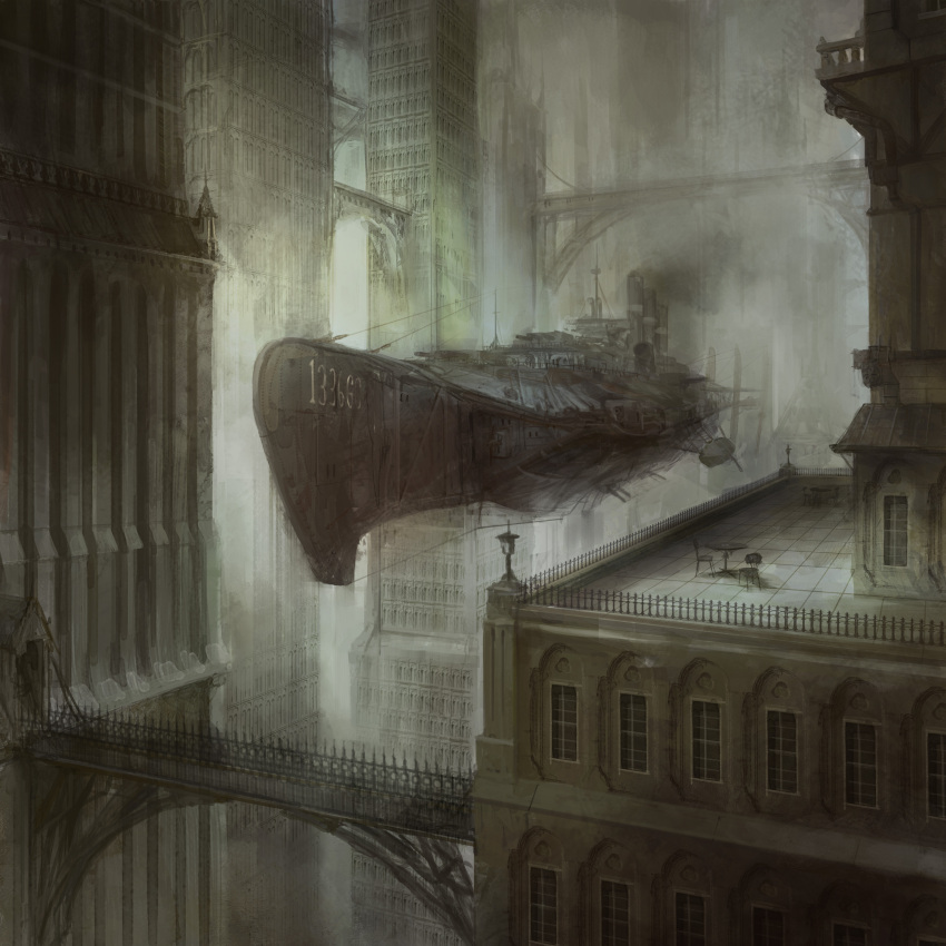 absurdres, aircraft, airship, alternate_universe, bridge, building, cannon, city