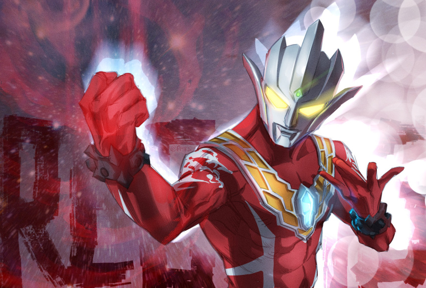 1boy, abs, bracelet, character_name, clenched_hand, color_timer, colored_skin, commentary_request