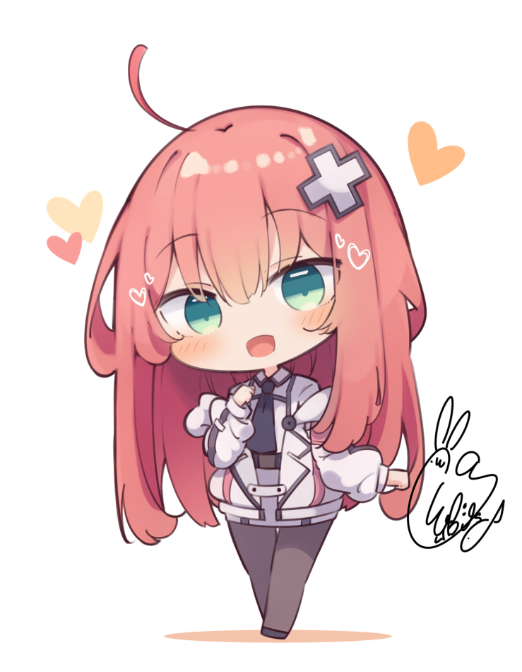 1girl, :d, ahoge, beni_shake, black_necktie, blush, brown_pantyhose, chibi