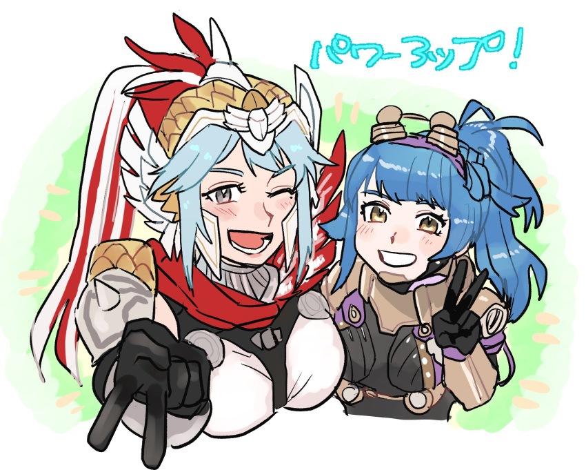 2girls, :d, ;d, blue_hair, dagr_(fire_emblem), dagr_(sunny_bloom)_(fire_emblem), fire_emblem, fire_emblem_heroes, goggles, goggles_on_head, grey_eyes, highres, looking_at_viewer, multiple_girls, official_alternate_costume, one_eye_closed, open_mouth, penguinbu, ponytail, reginn_(dvergr_heir)_(fire_emblem), reginn_(fire_emblem), smile, teeth, translation_request, v, yellow_eyes