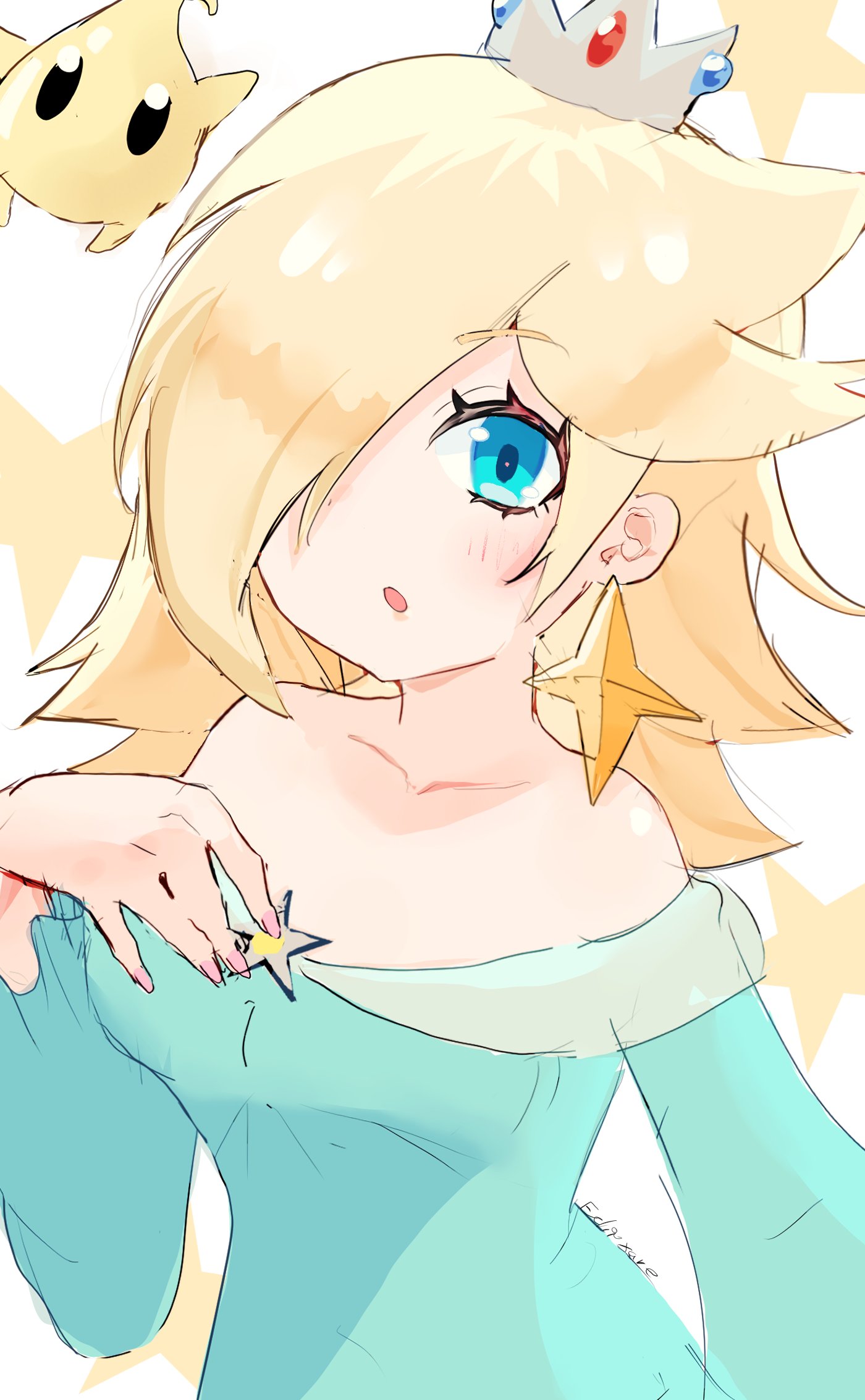 1girl, :o, bare_shoulders, blonde_hair, blue_dress, blue_eyes, brooch, crown, dress, earrings, eclipxare, eyelashes, hair_over_one_eye, highres, jewelry, long_sleeves, looking_at_viewer, luma_(mario), off-shoulder_dress, off_shoulder, open_mouth, pink_nails, rosalina, star_(symbol), star_brooch, star_earrings, super_mario_bros., super_mario_galaxy