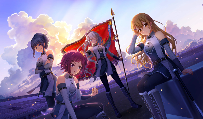 4girls, ball, baseball_(object), baseball_stadium, baseball_uniform, belt, belt_buckle, black_belt