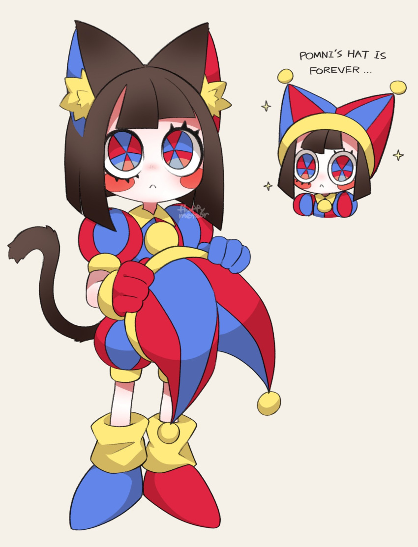 1girl, animal_ears, asymmetrical_ears, asymmetrical_footwear, asymmetrical_gloves, blue_gloves, blush_stickers, brown_fur, cat_ears, cat_girl, cat_tail, colored_skin, gloves, hat, hat_bell, highres, holding, holding_hat, holding_unworn_clothes, jester, jester_cap, jester_costume, mismatched_gloves, multicolored_eyes, multicolored_hat, pomni_(the_amazing_digital_circus), red_gloves, simple_background, sparkle, striped_clothes, striped_headwear, tail, the_amazing_digital_circus, two-tone_eyes, vertical-striped_bodysuit, vertical-striped_clothes, vertical-striped_headwear, white_background, white_skin, yawaraka_meteor, yellow_fur