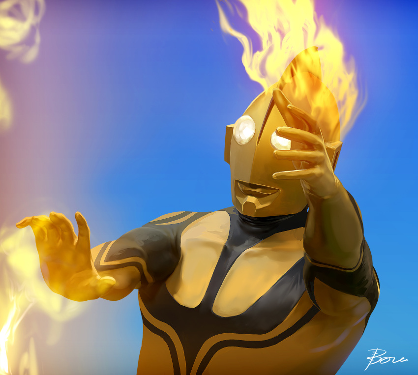 1boy, black_skin, blue_background, blue_sky, burning, colored_skin, commentary_request, day