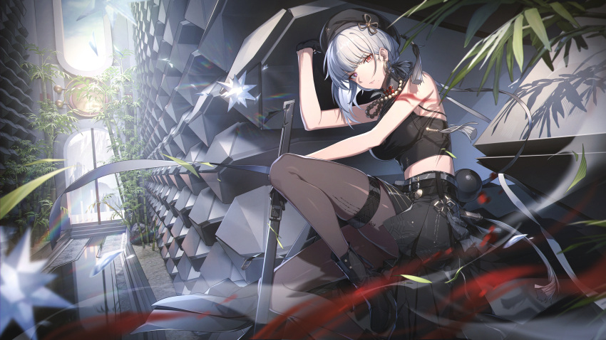 1girl, bamboo, bare_shoulders, bead_necklace, beads, belt, beret, black_footwear