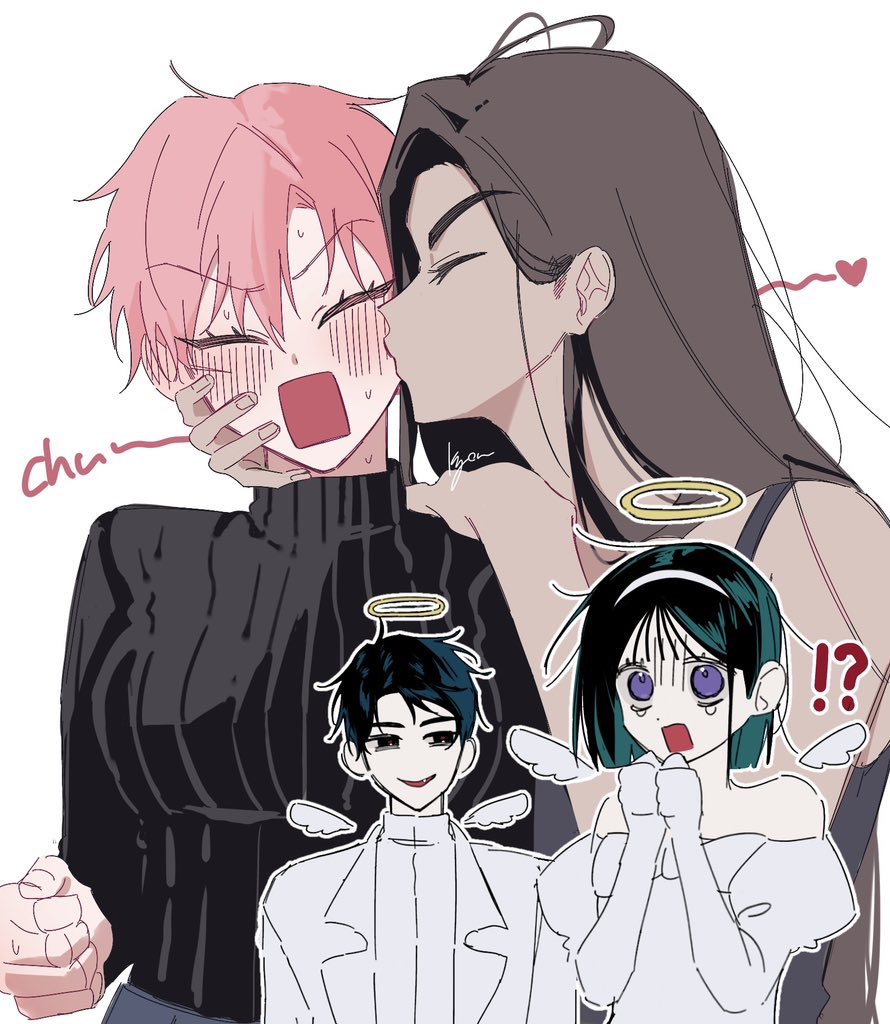 !?, 1boy, 3girls, alien_stage, black_eyes, black_hair, black_shirt, black_tank_top