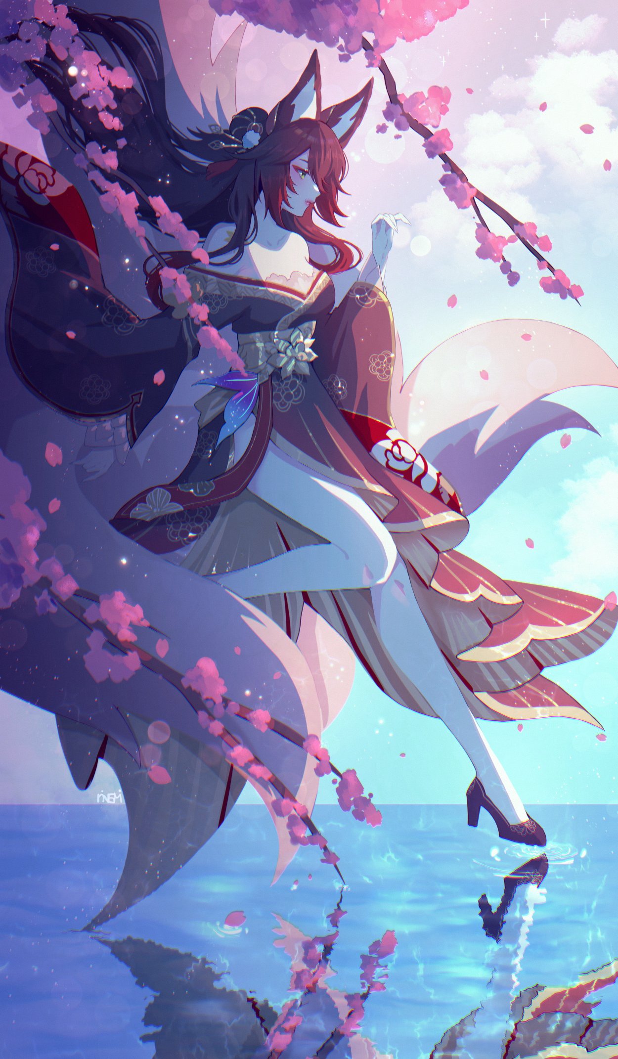 1girl, animal_ears, black_dress, black_footwear, blue_sky, branch, brown_hair, cherry_blossoms, chinese_clothes, clouds, commentary, dress, floating_hair, flower, foot_up, fox_ears, fox_girl, from_side, fugue_(honkai:_star_rail), hair_ornament, hair_stick, hashtag-only_commentary, high-low_skirt, high_heels, highres, honkai:_star_rail, honkai_(series), long_hair, long_sleeves, looking_down, off-shoulder_dress, off_shoulder, pink_flower, pom_pom_(clothes), pom_pom_hair_ornament, reflection, reflective_water, rinsmeray, sky, solo, tassel, tassel_hair_ornament, tingyun_(honkai:_star_rail), very_long_hair, wide_sleeves