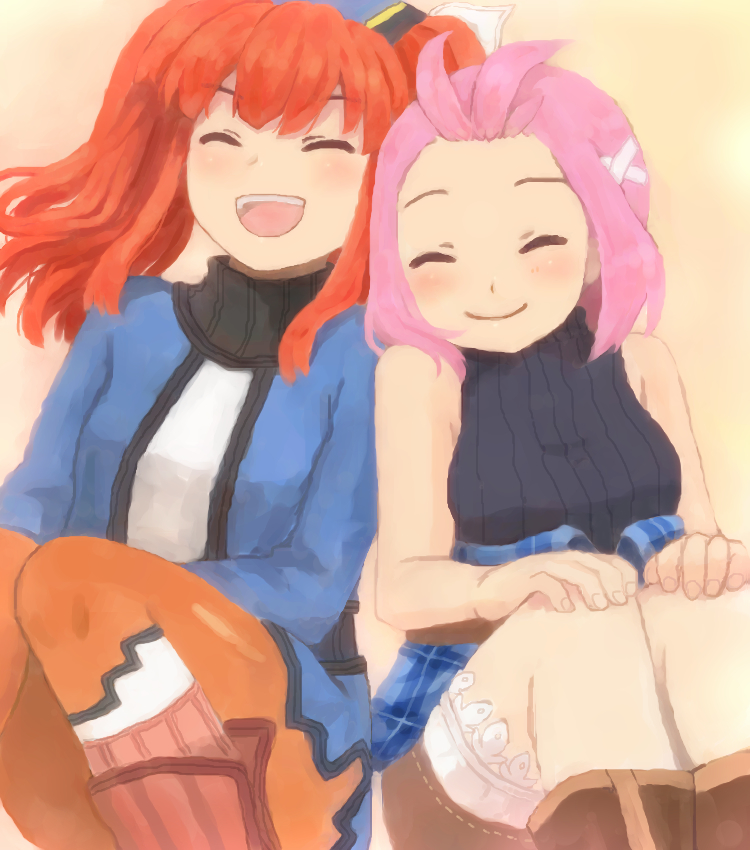 2girls, :d, ^_^, bare_shoulders, black_shirt, black_undershirt, blue_shirt, boots, brown_footwear, closed_eyes, dewprism, elena_(dewprism), feet_out_of_frame, floating_hair, hair_ornament, hairclip, hands_on_own_knees, long_sleeves, mint_(dewprism), multiple_girls, orange_hair, orange_pantyhose, pantyhose, plaid_clothes, shirt, sidelocks, simple_background, sitting, sleeveless, smile, turtleneck, ujf2030, yellow_background
