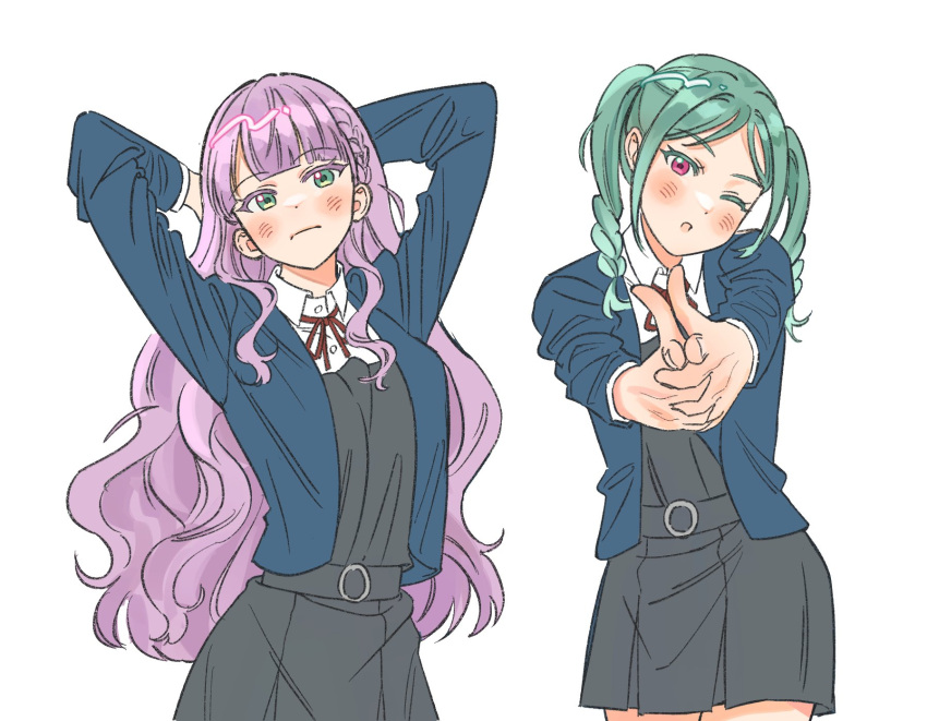 2girls, ;o, aiming, aiming_at_viewer, arms_up, blue_jacket, blunt_bangs, blush