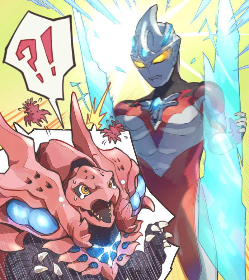 !?, >_<, 1boy, ^^^, alien, breaking, claws, color_timer