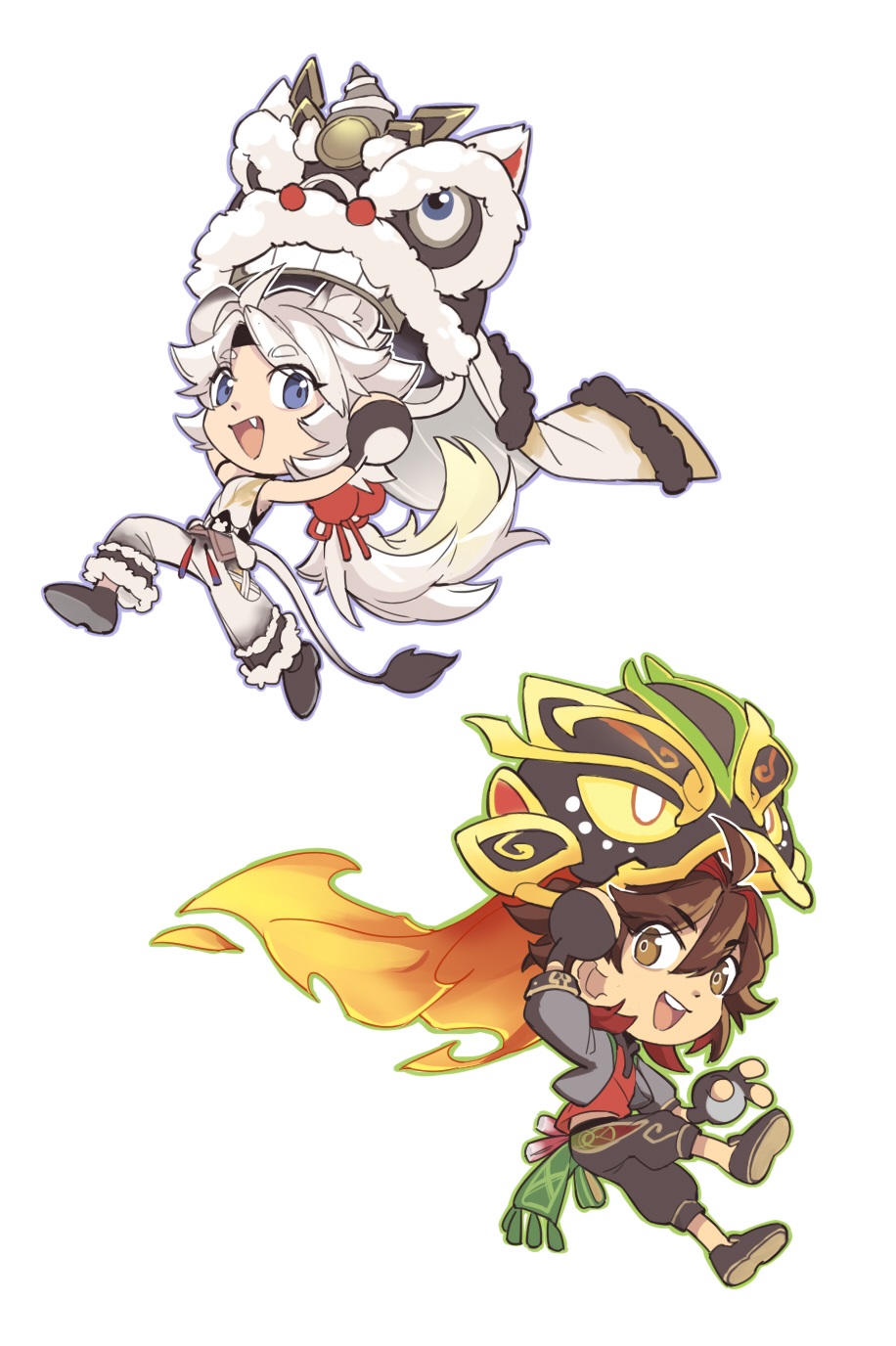 2boys, blue_eyes, brown_eyes, brown_footwear, brown_hair, brown_pants, chibi, english_commentary