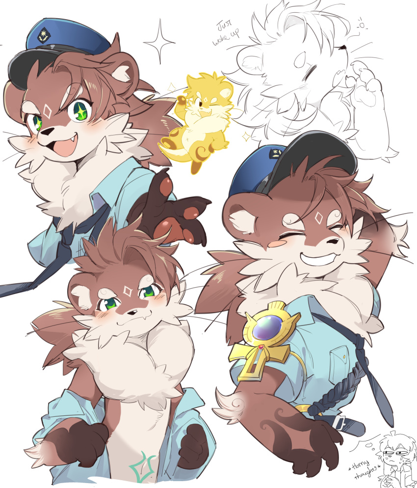 1boy, absurdres, animal_ears, artist_self-insert, black_necktie, blue_hat, blue_shirt, blush