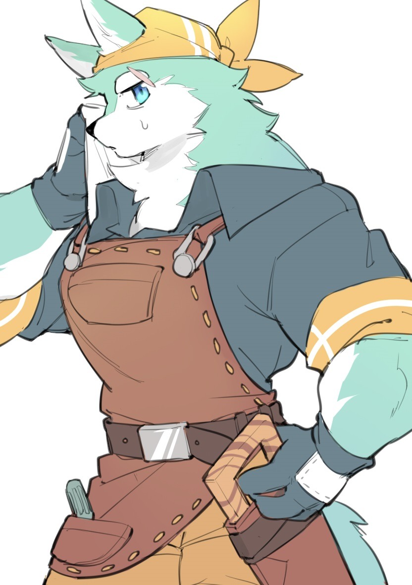 1boy, adler_(cuisineer), animal_ears, bandana, blue_eyes, blue_gloves, blue_shirt, cuisineer, english_commentary, furry, furry_male, gloves, holding, holding_towel, leather_apron, looking_at_viewer, male_focus, muscular, muscular_male, profile, saw, scar, scar_across_eye, screwdriver, shirt, shoko_contane, sweatdrop, tail, towel, white_background, wiping_face, wolf_boy, wolf_ears, wolf_tail, yellow_bandana